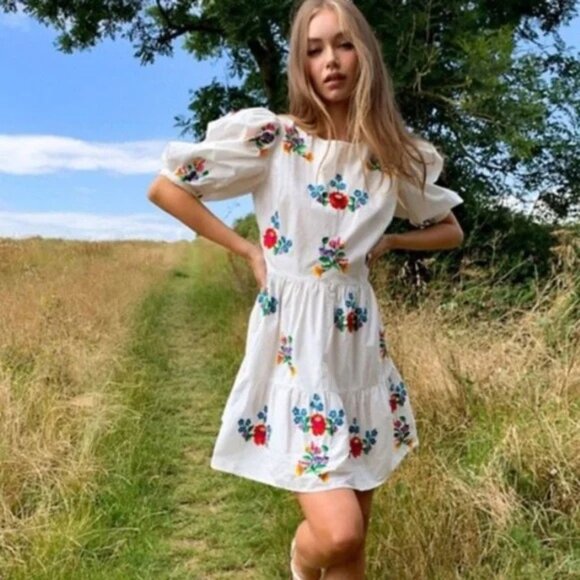 ASOS Design White Floral Embroidered Cotton Mini Dress Size 12 - 41864 - Picture 1 of 11